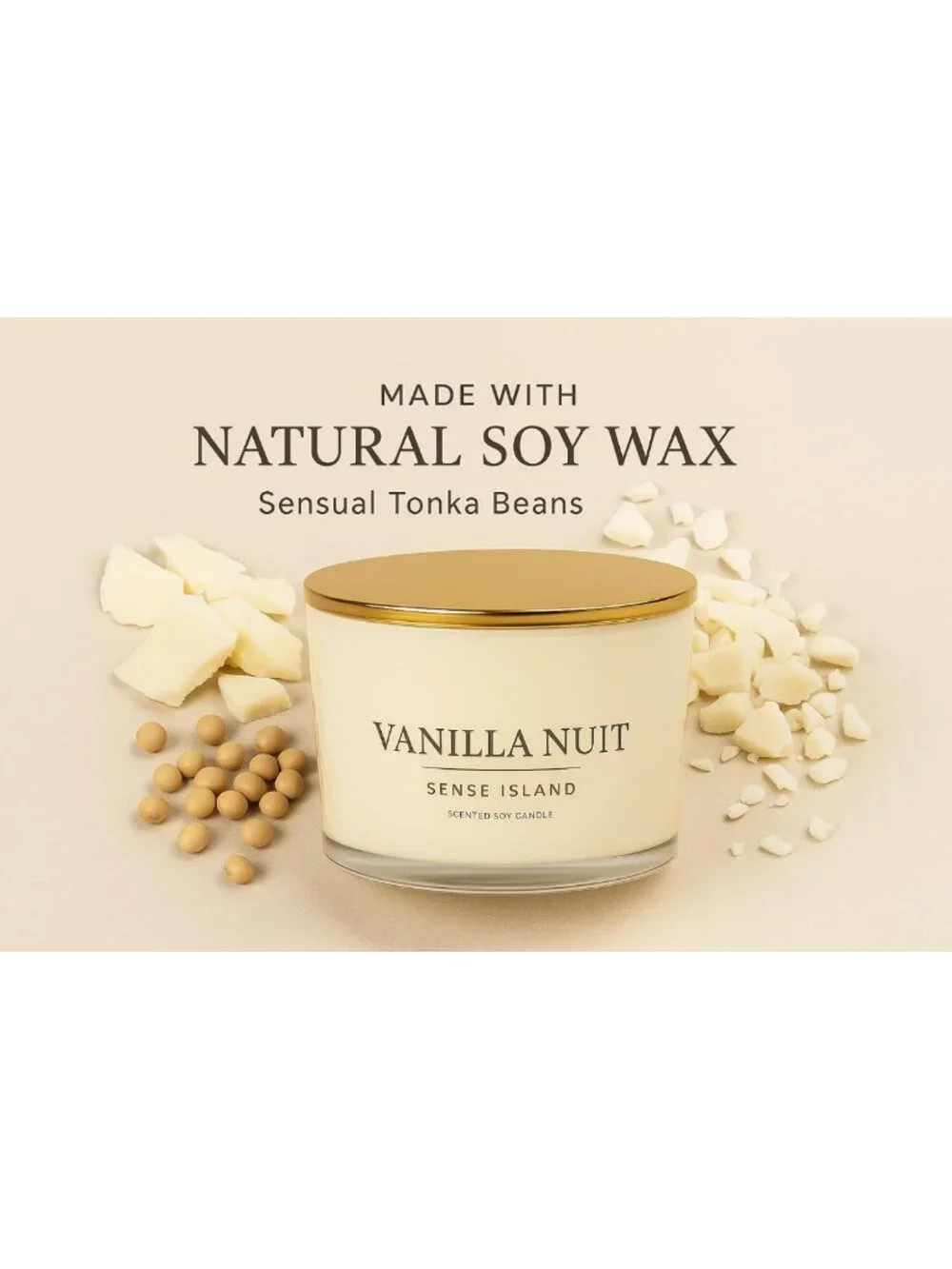 Large 3 Wick Vanilla Soy Candle - 50 Hour Burn, Natural Wax, Beige Glass, Luxury